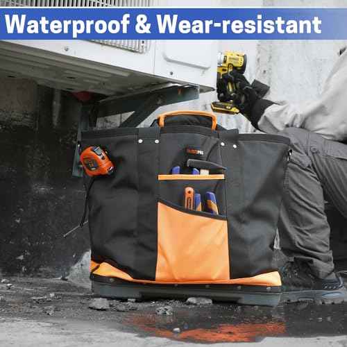 Tool Tote Bag, Open Top Tool Bag with Waterproof Hard Bottom and Shoulder Straps, Electrician Tool Bag Organizer Storage for HVAC Plumber Mechanic Automotive