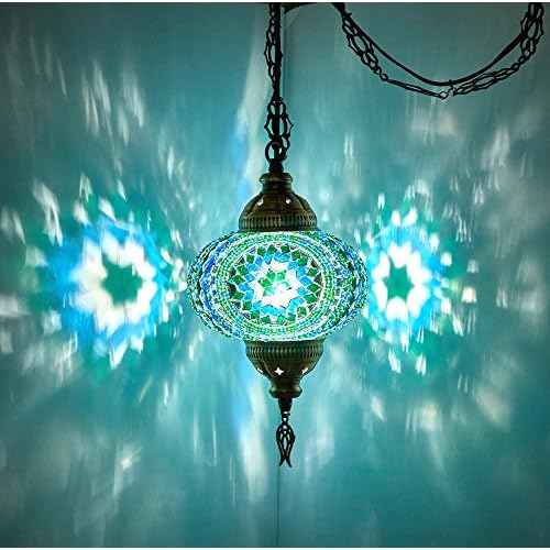 DEMMEX Plug-in Turkish Moroccan Mosaic Hanging Pendant Ceiling Light ? Swag Lamp Fixture with 15ft Cord & Chain, Handcrafted Glass, Tiffany Style, Mediterranean Decor (Amber Brown)