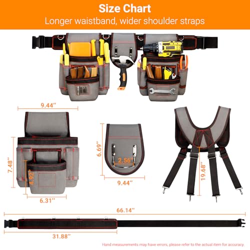 Tool Belt With Suspenders, Professional Tool Belt for Men, Magnetic Tool Belts With Suspenders, 18 Pockets Heavy Duty Detachable Adjustable Tool Belts for Electrician, Carpenter (Grey, 32''-66'')