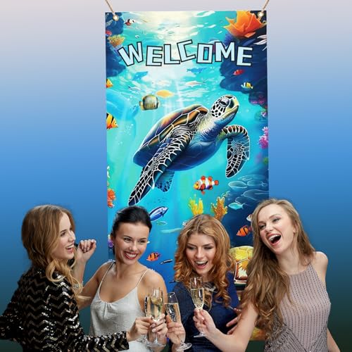 arricraft 1 Pc Welcome Theme Turtle Door Cover, Summer Beach Door Banner Nautical Porch Banner Ocean Animal Party Decorations Polyester Sign for Party Supplies 35.4x72.8 inch(90x185cm)