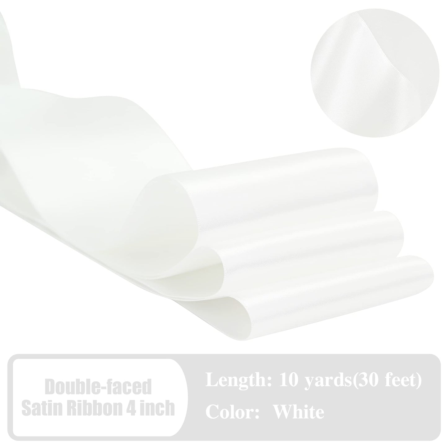 HUIHUANG White Satin Ribbon 4 inch Wide Double Faced Polyester Large Ribbon for Chair Sash Wedding Party Supplies Cake Decor Bows Making Flower Bouquet Sewing Crafts Gift Wrapping -10 Yards/Roll