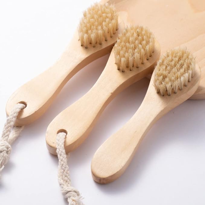 2 Pack Wood Handle Manual Face Facial Cleansing Brush, 5.7â Natural Boar Bristles Skin Care Exfoliating Scrub Brush.