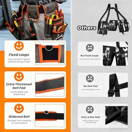 JUSTHERE Tool Belt, Professional Tool Belts for Men, 32''-60'' Size Adjustable Magnetic Tool Pouch With Suspenders & Multiple Pockets, Detachable Utility Belt Work Bags for Electrician, Carpenter