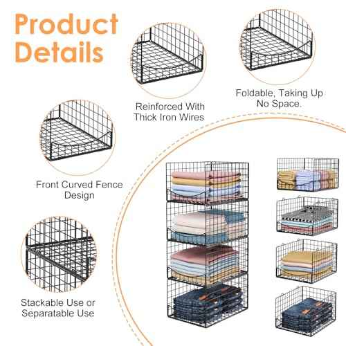 JKsmart 4-Tier Stackable Closet Organizers and Clothes Storage Shelves - Clothes Storage Bins for Jeans, Pants, and Sweaters - Wardrobe Cupboard Organizer for Closet Organization-Black