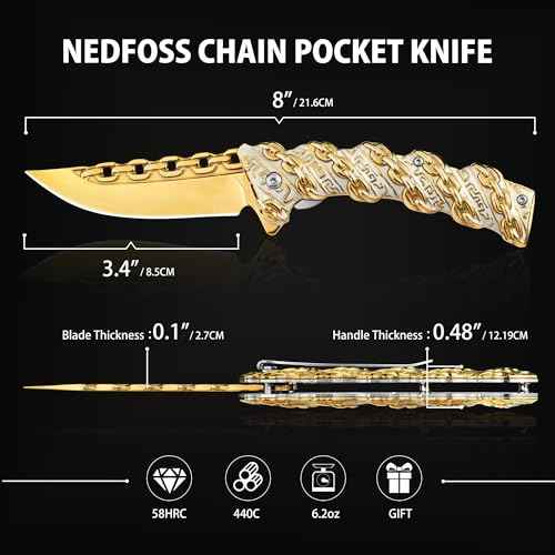 NedFoss CHAIN Pocket Knife, Mothers Day Christmas Gifts for Mom Dad Wife Husband, 3.5 inch Folding Knives, Cool knives with 3D Pattern Handle, Personalized Pocket Knife Gifts For Men Women (Gold)