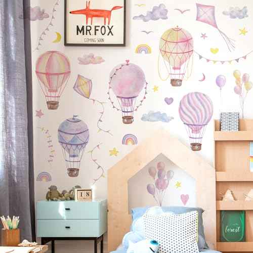 Large Hot Air Balloon Wall Decals Stars Clouds Balloon Vinyl Wall Stickers Colorful Kites Rainbow Wall Art Stickers for Kids Baby Nursery Bedroom