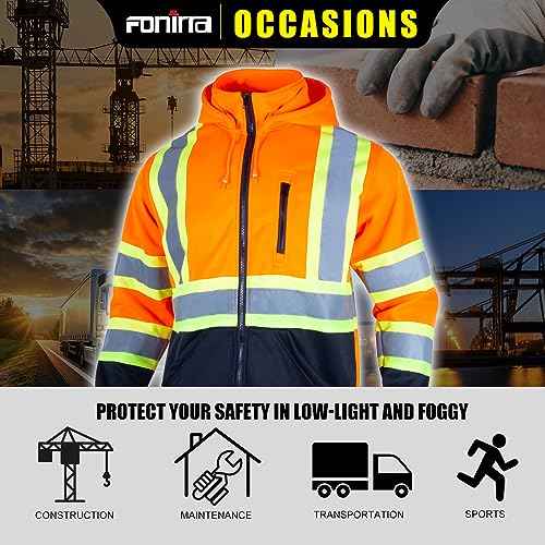 FONIRRA Hi Vis Safety Fleece Zip Hoodie for Men Reflective Sweatshirts ANSI Class 3 Jackets Detachable Hood (Orange,3XL)