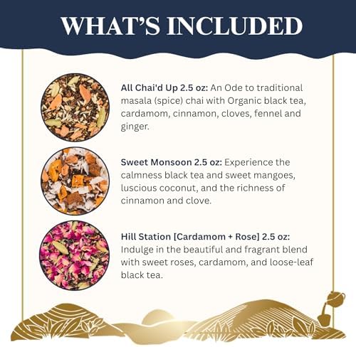 The Chai Box Loose Leaf Tea Gift Set - Featured in Oprah's Favorite Things | 3-Flavor Caffeinated Chai Tea Gift Box with Stainless Steel Steeper (3 Pack) | Small Batch Loose Leaf Tea with Whole, Premium Spices