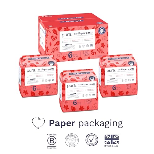 Pura Hypoallergenic Diaper Pants Size 6 (33+ lbs) Overnight, up to 12 Hours Leak Protection, Suitable for Sensitive Skin, Totally Chlorine Free, Soft Organic Cotton, 3 Packs of 17 (51 Pull Up Pants)