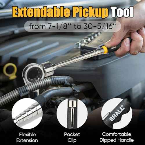 SHALL Collapsible Magnetic Tool Parts Tray and Telescoping Magnetic Pickup Tool Set, 3-Piece Silicone Foldable Magnetic Bowls & 25LBS Force Extendable Magnet for Mechanic Screw Bolts Nuts Washers Pins