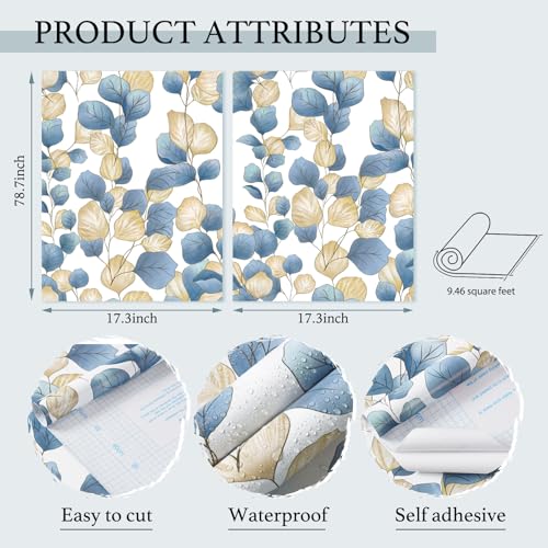 Vinjiasin Boho Peel and Stick Wallpaper Blue Leaf Contact Paper Modern Floral Wallpaper Self Adhesive Removable Wall Paper for Bathroom Bedroom Living Room Cabinet Countertop 17.3"x 78.7"