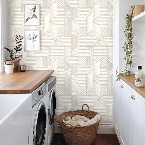 Modern Peel and Stick Wallpaper Boho Contact Paper for Cabinets Drawers Beige and White Striped Geometric Self Adhesive Wallpaper for Bedroom Bathroom Wall Decor Neutral Vinyl 17.3inW 78.7inL