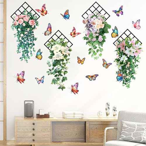 Rose Butterfly Wall Stickers, 4 Pcs 35.4 in x 11.8 in Self-Adhesive Flower Wall Stickers for Home Wall Decoration (4)