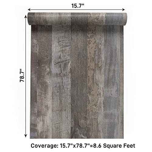 VaryPaper 15.7''x78.7'' Distressed Brown Grey Wood Contact Paper for Walls Removable Waterproof Shiplap Peel and Stick Wallpaper Wood Grain Vinyl Wrap Wood Plank Wallpaper for Bedroom Countertops