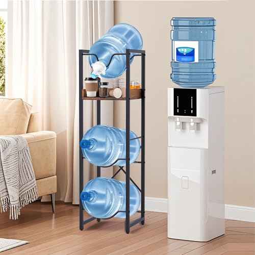 5 Gallon Water Bottle Jug Holder, Water Jug Stand with 55mm Water Dispenser Valve, Heavy Duty Water Bottle Storage Rack with Wooden Storage Tier for Kitchen, Home and Office