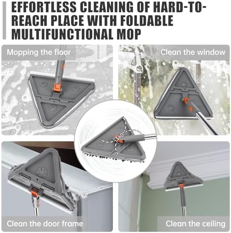 CALBEAU Baseboard Cleaner Tool with Handle, Folding Wall Mop with 86" Extension Pole, Swivel Wall Cleaner Mop with Squeegee, 8 Reusable Pads for Baseboard, Wall, Ceiling, Window, Floor, Furniture