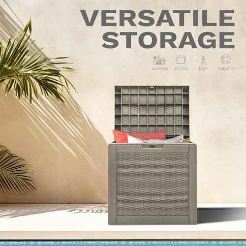DWVO 32 Gallon Indoor Outdoor Storage Box, Resin Rattan Small Deck Box for Patio Furniture, Cushions, Garden Tools, Sports Equipment,Brown