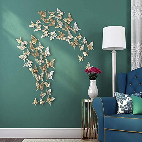Cheerland 3D Champagne Gold Butterfly Wall Stickers Paper Butterflies Decal Decoration Removable Mural Stickers for Living Room Bed Room School Home Cake Decorations for Anniversary Engagement Party
