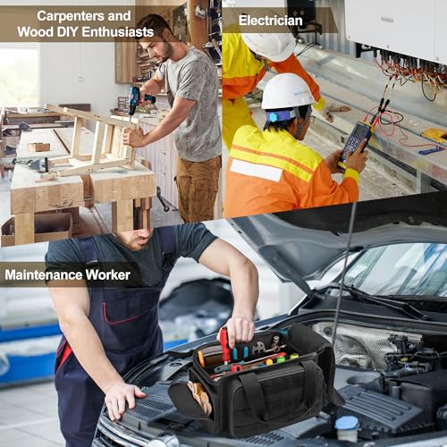 12-Inch Tool Bag with Anti-friction Bottom, Hand Tool Storage Organizer Bag for Men, Tactical Range Bag, Multi-purpose Work Tote for Repairman, Electrician, Carpenters, Handyman, Black
