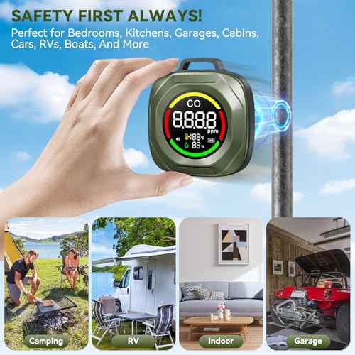 3-in-1 Carbon Monoxide Detectors - Rechargeable Co Monoxide Detector with Alarm, Temperature & Humidity Detection, Magnetic Back, 200H Standby, Custom Thresholds for RV, Car, Camping & Travel - Green