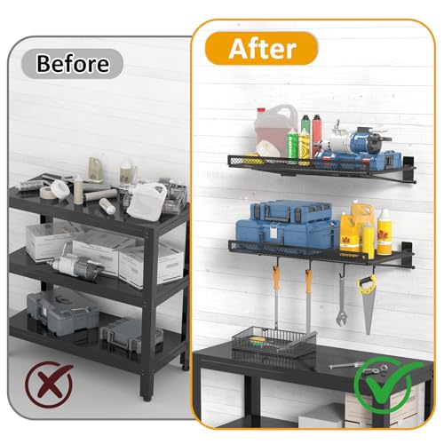 BABKAS 2 Pack Garage Wall Shelving, Metal Garage Wall Shelf with 4 Hooks, Heavy Duty Wall Shelves Mounted for Garage Storage, Laundry Room, Closet and Kitchen | Holds Up to 80 Lbs | 16.5" x 12.2"