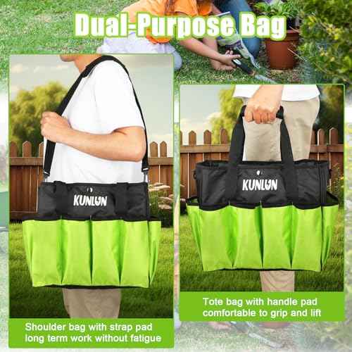 KUNLUN Gardening Tote Bag, Garden Tool Bag with 14 Pockets & Elastic Belt, Heavy Duty Standable Garden Tote Storage Bag with Long Adjustable Shoulder Strap for Indoor and Outdoor Use