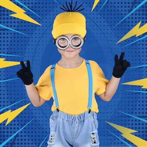4Pcs Halloween Costume Accessories Kids Steampunk Goggles Glasses Blue Y-Back Suspenders Yellow Beanie Hats Black Gloves Perfect for Birthday Party and Halloween Cosplay Party