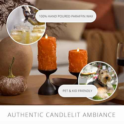 Luminara Flameless Marmalade Embossed Leaves 3.5" x 6.5" Pillar, Battery Operated & Timer Function, Fall Decorations Indoor Candle Moving Flickering Flame LED Light, Remote Ready (Sold Separately)