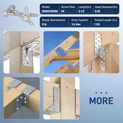 Upgrade #9 x 1-1/2" Joist Hanger Screws-500 Qty,9112R500 Joist Hanger Connector Screws,1/4" Hex Socket Wood Screw,0.370"-Dia Deck Screw, Replace 10D Nails,Prem-Galvanized 1500 Hours Salt Spray Test