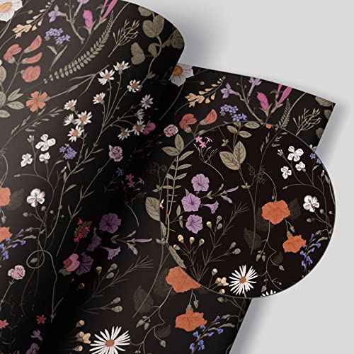Floral Peel and Stick Wallpaper Blooming Black/Purple Flowers Self-Adhesive Wall Paper Removable Decorative Contact Paper for Bedroom Cabinet Living Room Decor 17.7" x 118",14.5 sq.ft/Roll
