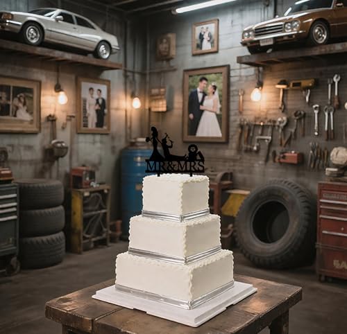 Funny Repairman Wedding Cake Topper Repairman Couple Car Enthusiasts Automobile Repair Theme Cake Decor Mr&Mrs Cake Topper For Wedding Engagement Anniversary Bridal Shower Party Supplies