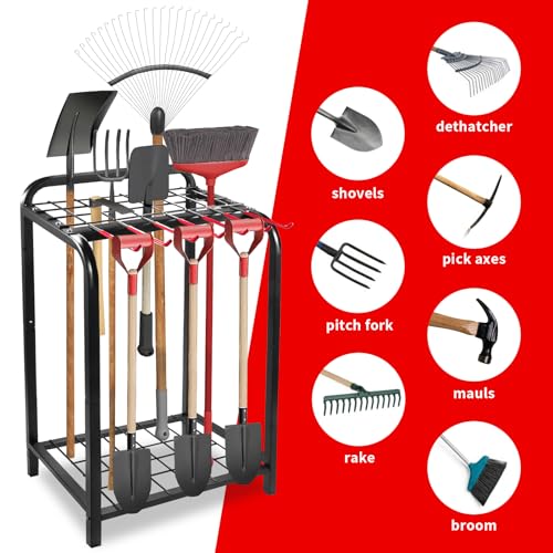 Trieez Garden Tool Organizer for Garage, Yard Tool Organizer with Hooks for Garage Organization and Storage - Sturdy Yard Tool Holder, Tool Rack for Shed, Outdoor, Tool Stand