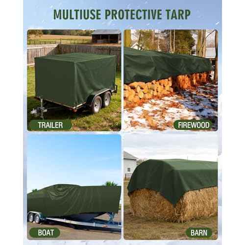 HIRALIY 20 Mil Heavy Duty Waterproof Tarp, 12x15ft Green Tarpaulin with Reinforced Webbing Loops, Multipurpose Oxford Canvas Tarp for Firewood, Roof, Camping, Pool