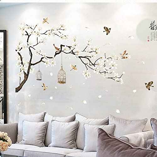 Large Chinese Style White Flowers Wall Stickers with Black Tree Flying Birds Wall Decals, Removable DIY Wall Art Decor Murals for Offices Living Room Bedroom Study Room Home Walls Decoration, 50x74in