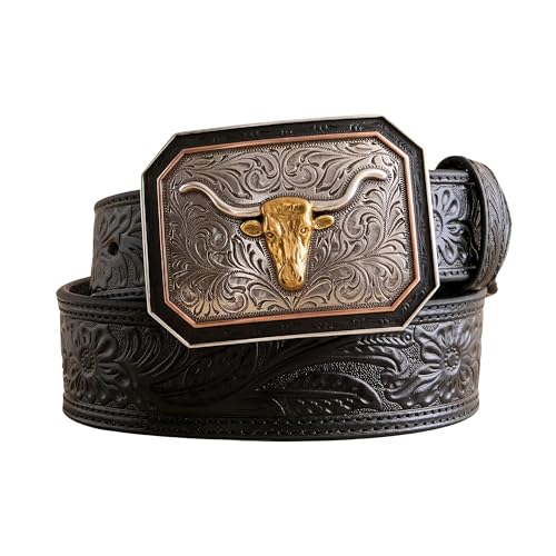 ARIAT Men's Floral Embossed Leather Belt with Longhorn Buckle