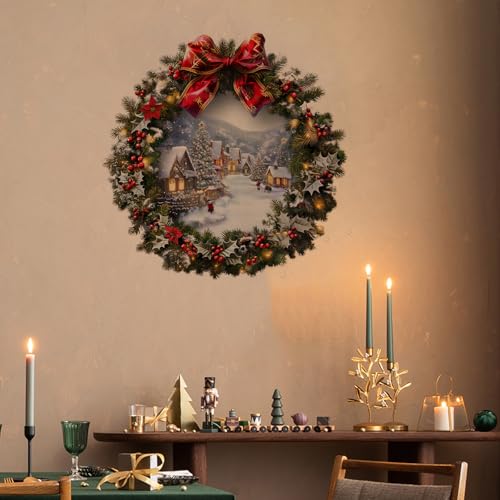 Christmas Wreath Wall Decals with Ribbon Peel and Stick Christmas Mural Art Stickers for Christmas Party Home Kitchen Decor (A)