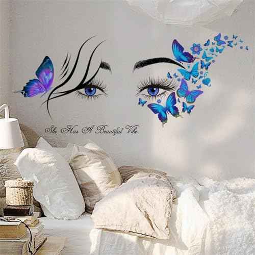 Blue Eyelash Eyes Butterfly Wall Stickers, sacinora Inspirational Quotes Motivational Word DIY Wall Decals Removable Vinyl Peel and Stick for Girls Women Kids Living Room Bedroom Nursery Art Decor