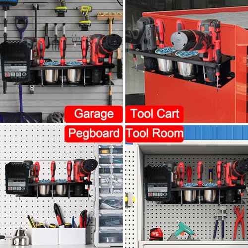 Magnetic Power Tool Organizer Rack - Heavy Duty Metal Organizer Rack for Cordless Drill,Screwdriver,Screw with 4 Stainless Steel cup for Tool Cart,Pegboards,Workbench,Garage,Toolbox