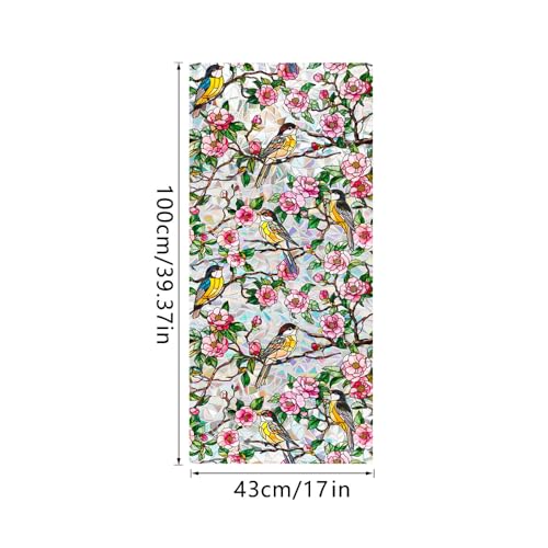 Runtoo Window Privacy Film Rainbow Bird on Tree Branch Flowers Window Clings 3D Decorative Vinyl Stained Glass Rose Peony Floral Decals Static Sticker Non-Adhesive, 17 x 40 inches