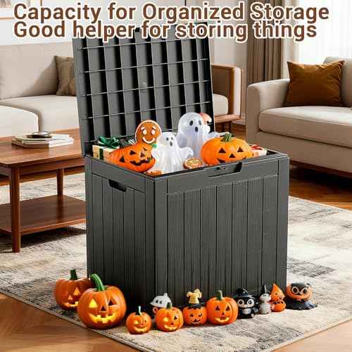 30-Gallon Outdoor Deck Box with Wood-Grain Finish, UV Resistant Waterproof Storage Container with Lock, Storage Box for Camping, Garden & Backyard, Multi-Functional Seat and Table, Black