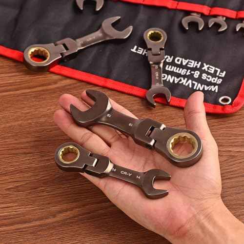 Stubby Wrenches Set, Flex Head Ratcheting Wrench Set Open End Ratchet Wrench Metric 8 Pieces(Metric)