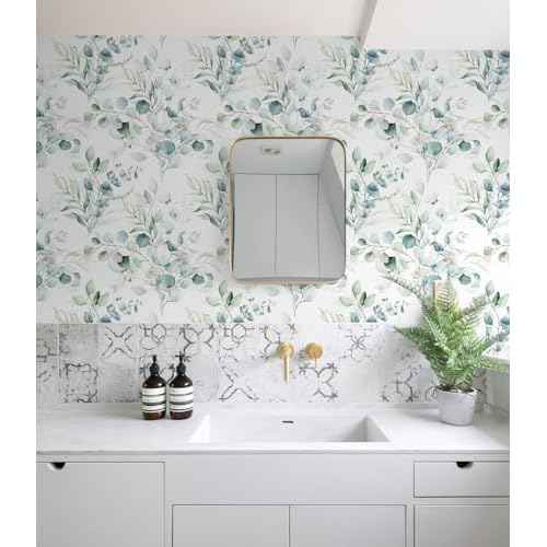HAOKHOME Peel and Stick Wallpaper Boho Green/White Eucalyptus Leaf Floral Wall Mural Home Nursery Decor Renter Friendly Wallpaper 17.3in x 78.7in
