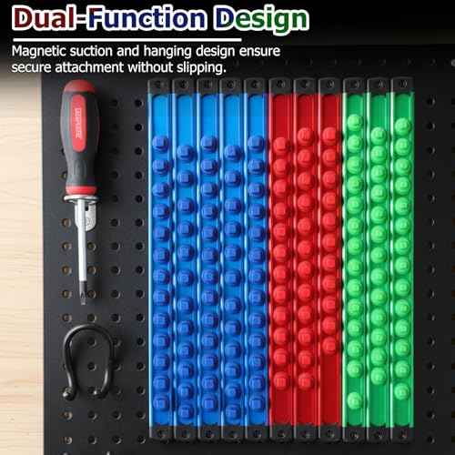11 Pcs Magnetic Socket Organizer Set, 1/2", 1/4", 3/8" Magnetic Socket Rail for Tool Box Drawer, Socket Holder Magnetic with 148 Pcs Standard Size for Automotive Garage