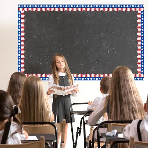 32.8Ft Patriotic Bulletin Board Border Red Blue American Flag 4th of July Star Stripe Die Cut Trim Border Roll for Independence Memorial Day Classroom Back to School Chalkboard Wall Decor
