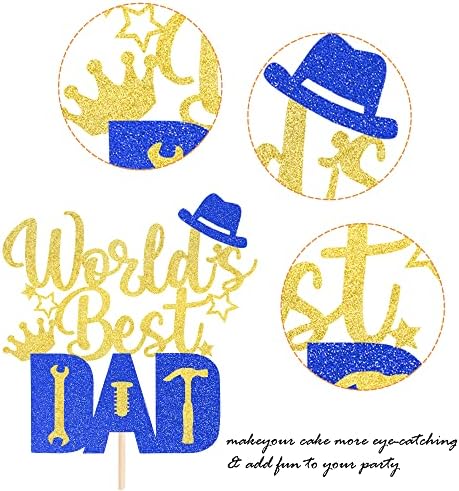 1 Pack Happy Father's Day Cake Topper Glitter World's Best Dad Cake Pick Hat Tool Love Dad Cake Decoration for Happy Father's day Theme Men Birthday Party Supplies Gold