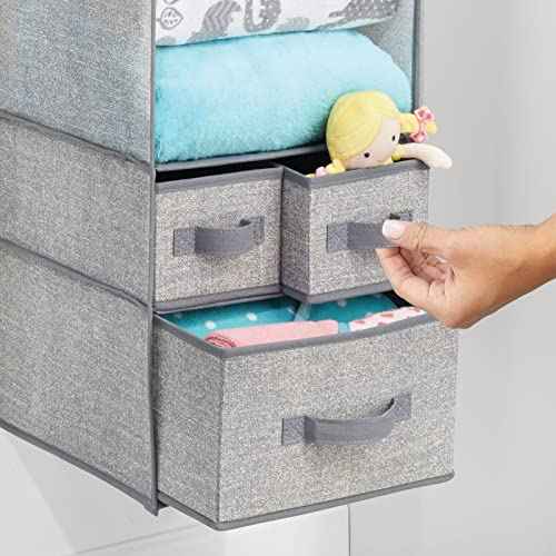mDesign Fabric Hanging Organizer - Over Closet Rod Storage - 7 Shelves/3 Removable Drawers for Baby Nursery Bedroom Organization - Hold Clothes, Linens, Toys, Accessories - Lido Collection - Gray