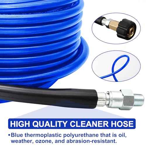 Sewer Jetter Kit 100 FT for Pressure Washer, 5800 PSI Drain Cleaner Hose 1/4 Inch NPT Corner Rotating and Button Nose Sewer Jetting Nozzle Spanner WatertightTape Pearl Corsage Pin(Blue)