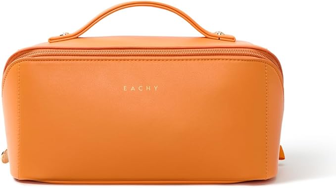 EACHY Travel Makeup Bag, Large Capacity Cosmetic Bag for Women, Waterproof PU Leather, Flat Open Portable Toiletry Bag for Skincare, Brushes & Travel Essentials