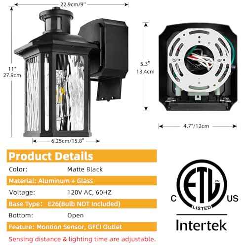 Porch Lights with GFCI Outlet, Dusk to Dawn Motion Sensor Outdoor Lights with E26 Sockets & Glass Shades, Waterproof Anti-Rust Sconce Light, Outside Wall Lamps for House, Black