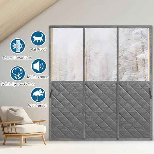 Magnetic Thermal Insulated Door Curtain with Visible Windows for 72" x 80" Doors, Thicken Made of Oxford and Cotton Insulated Curtain for Winter Sliding, Patio and French Doors